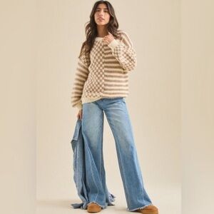 Altar’d State Clara Checkered Sweater in Ivory-mocha NWOT